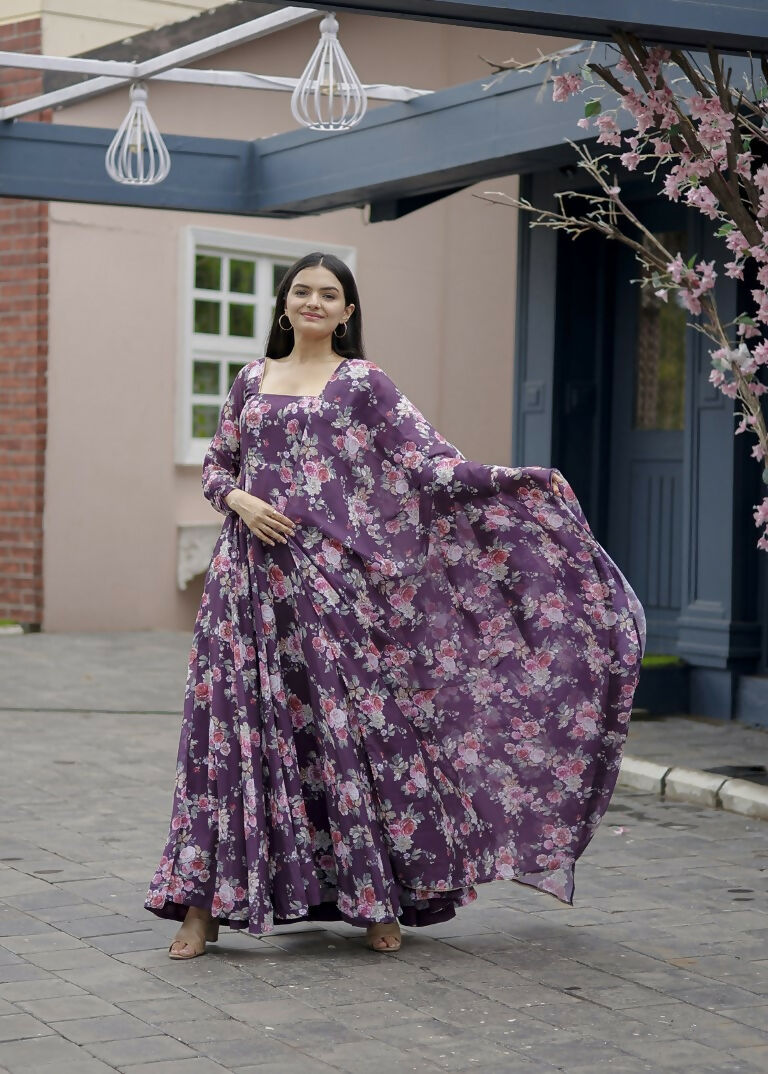 Jyoti Fashion Women's Wine Faux Georgette Floral Digital Printed Anarkali Dress with Dupatta