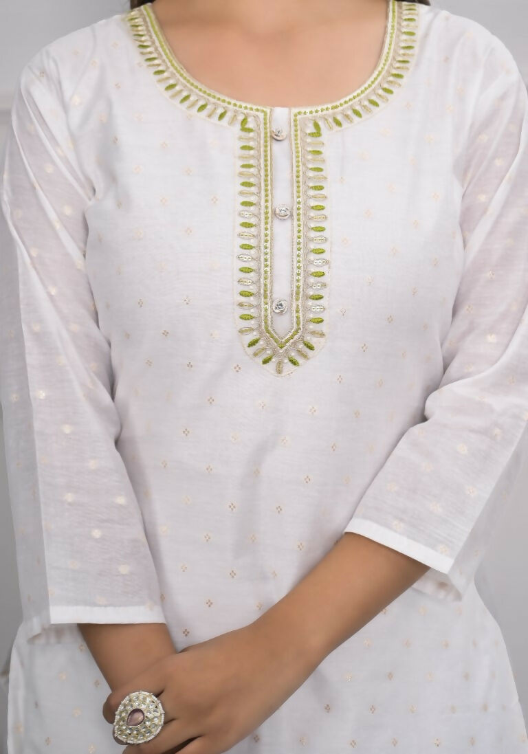 White Viscose Silk Embroidery with Thread and sequence Stitched Suit With Dupatta - Tanisha