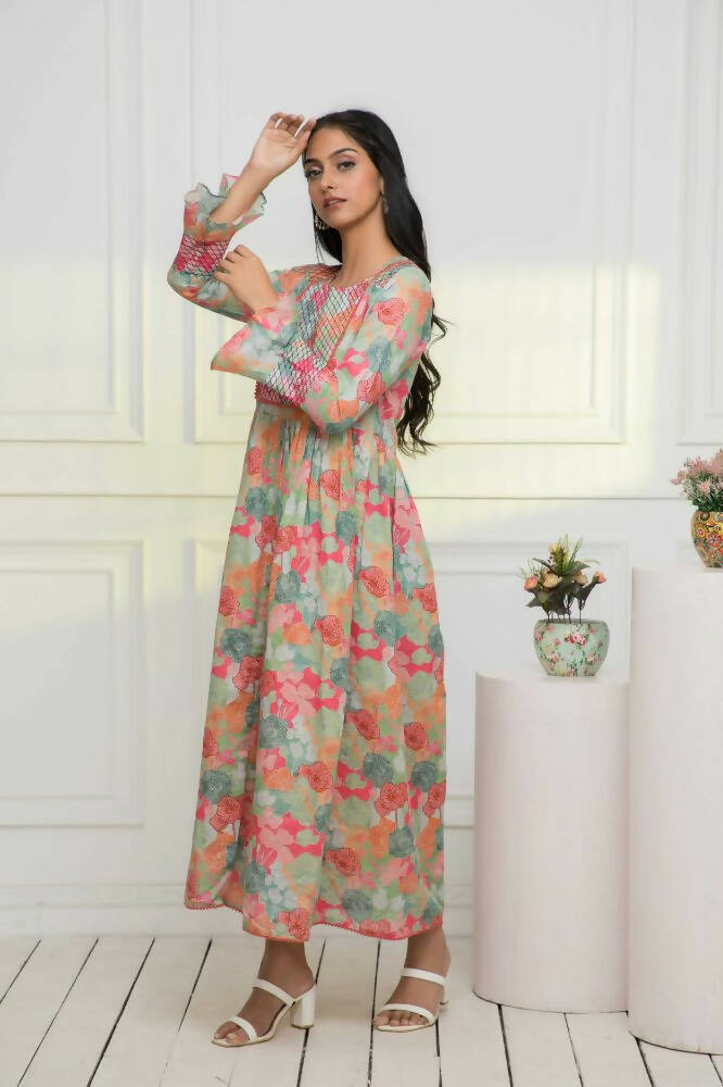 Myshka Women Multi Floral Rayon A-Line Round Neck Dress