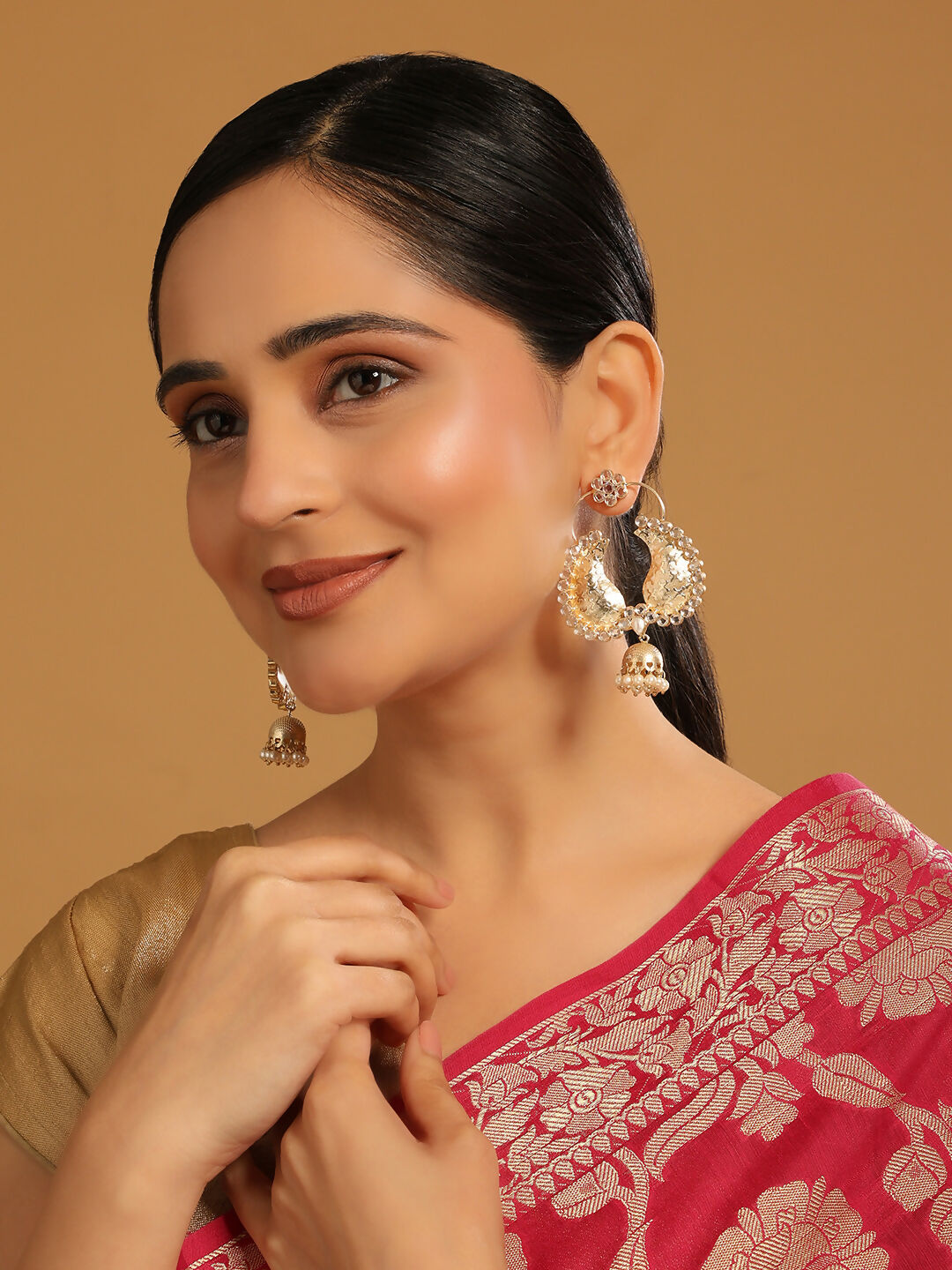 Nuyug 22K Gold Plated White Stone Studded Contemporary Mini Jhumki Dangler Earrings