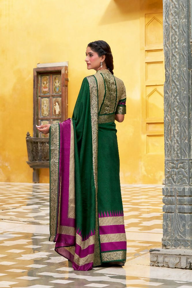PR Fashion Green Poly Cotton Printed With Zari Weaving Work Saree