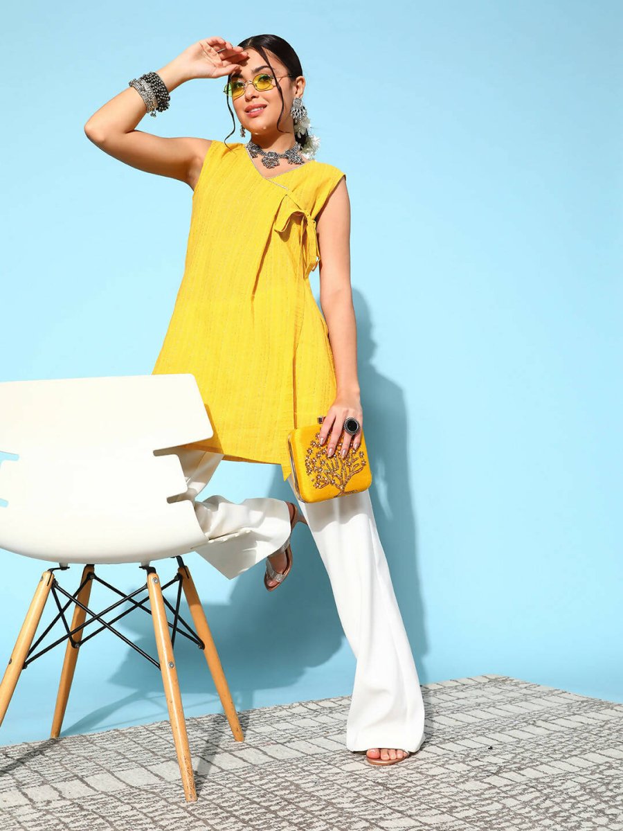 Ahalyaa Women Mustard Cotton Fluid Tie-Up Tunic