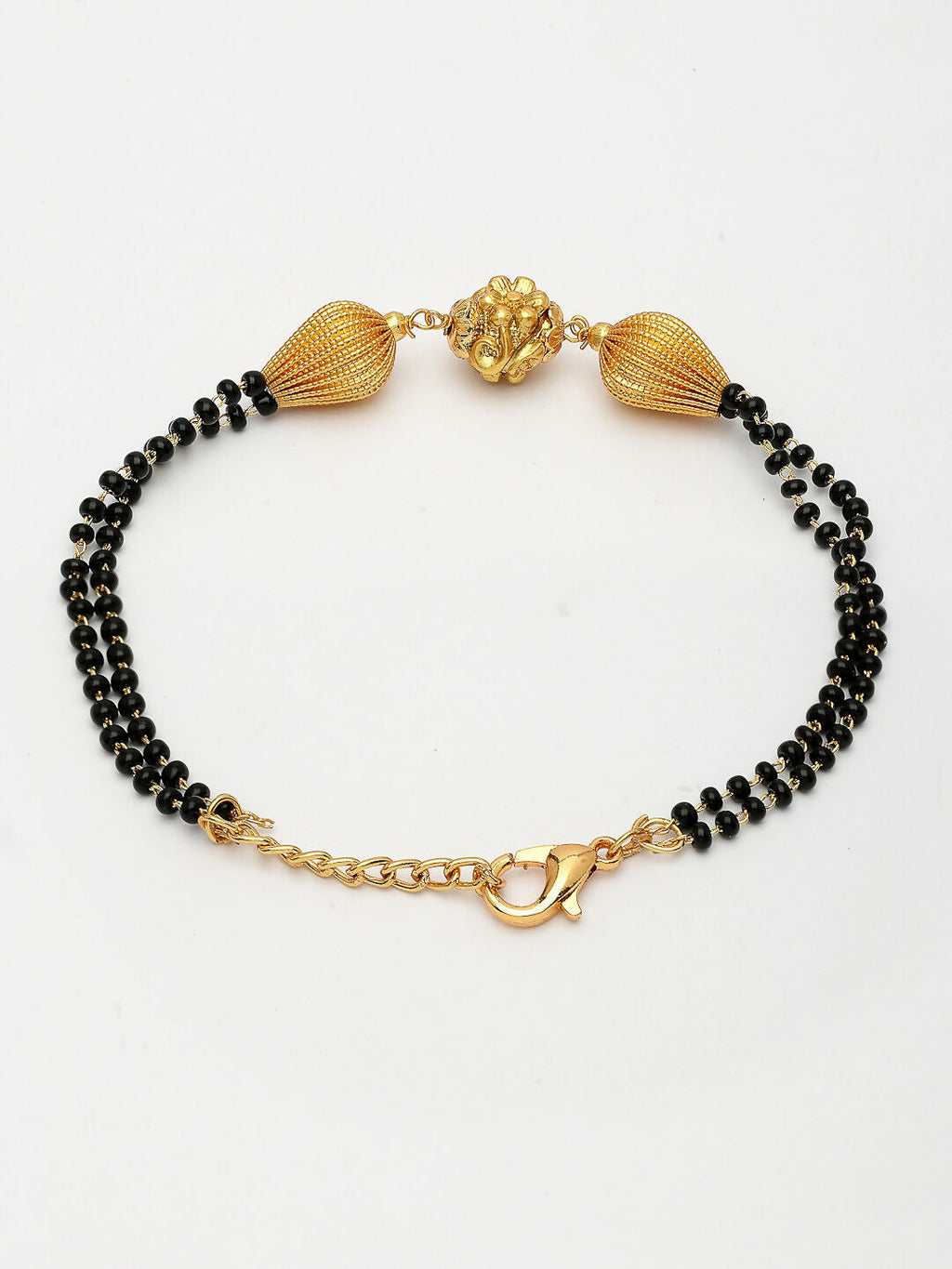 NVR Women Gold-Polished & Black Brass Hand Mangalsutra Link Bracelet