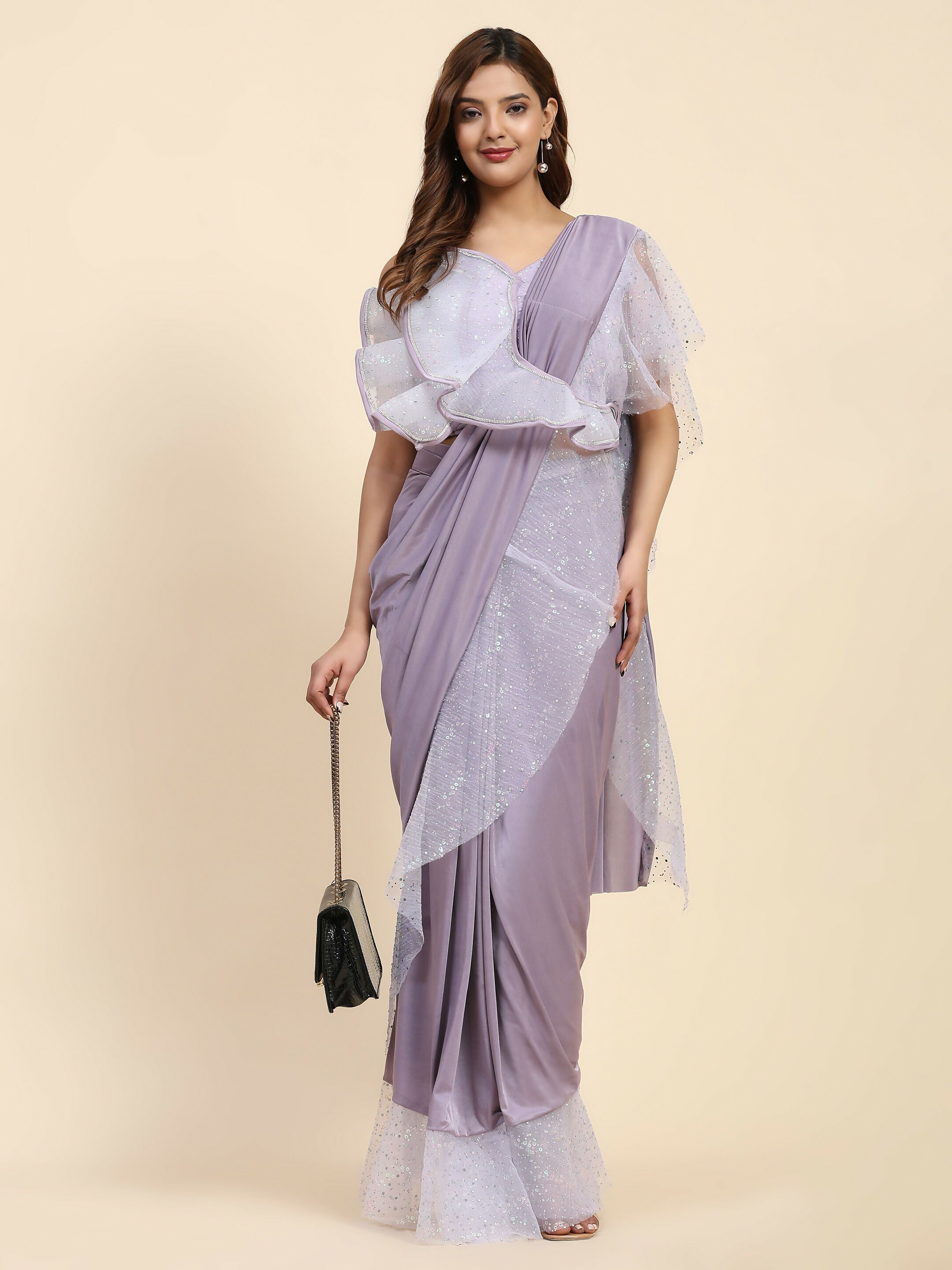 Light Purple Lycra Solid Ready to Wear Saree with stitched Blouse - Nita
