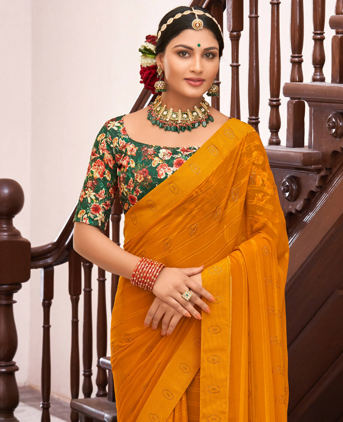 Mustard Georgette Swaroski Work Saree With Unstitched Blouse Piece - Juhi