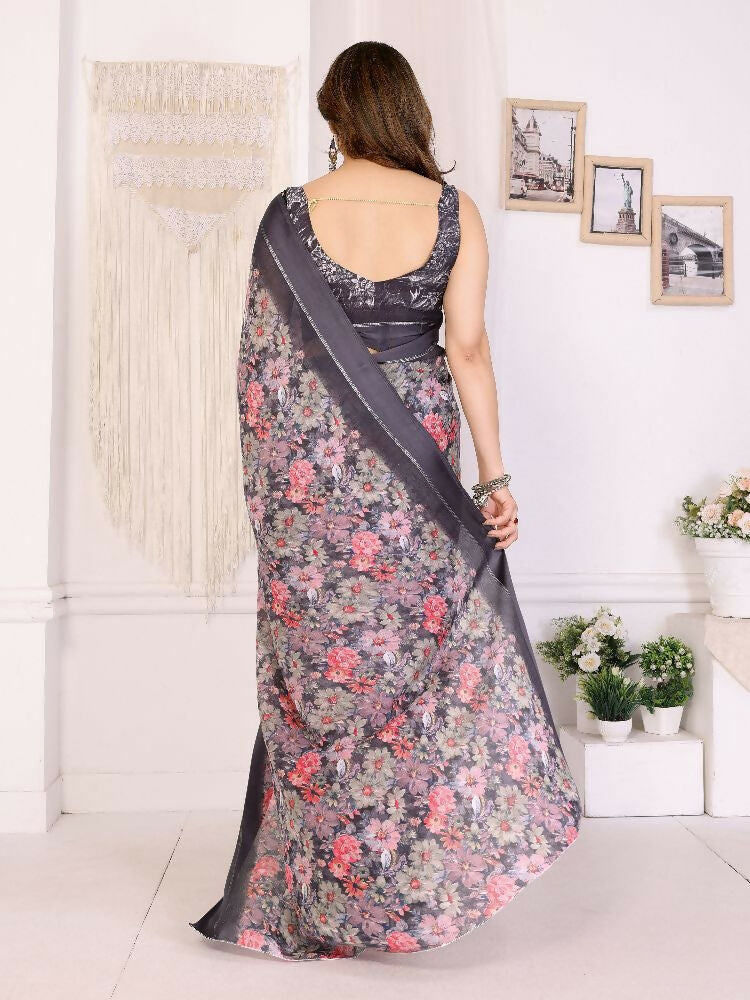 PR Fashion Black Bright Moss Satin Patta Printed Saree