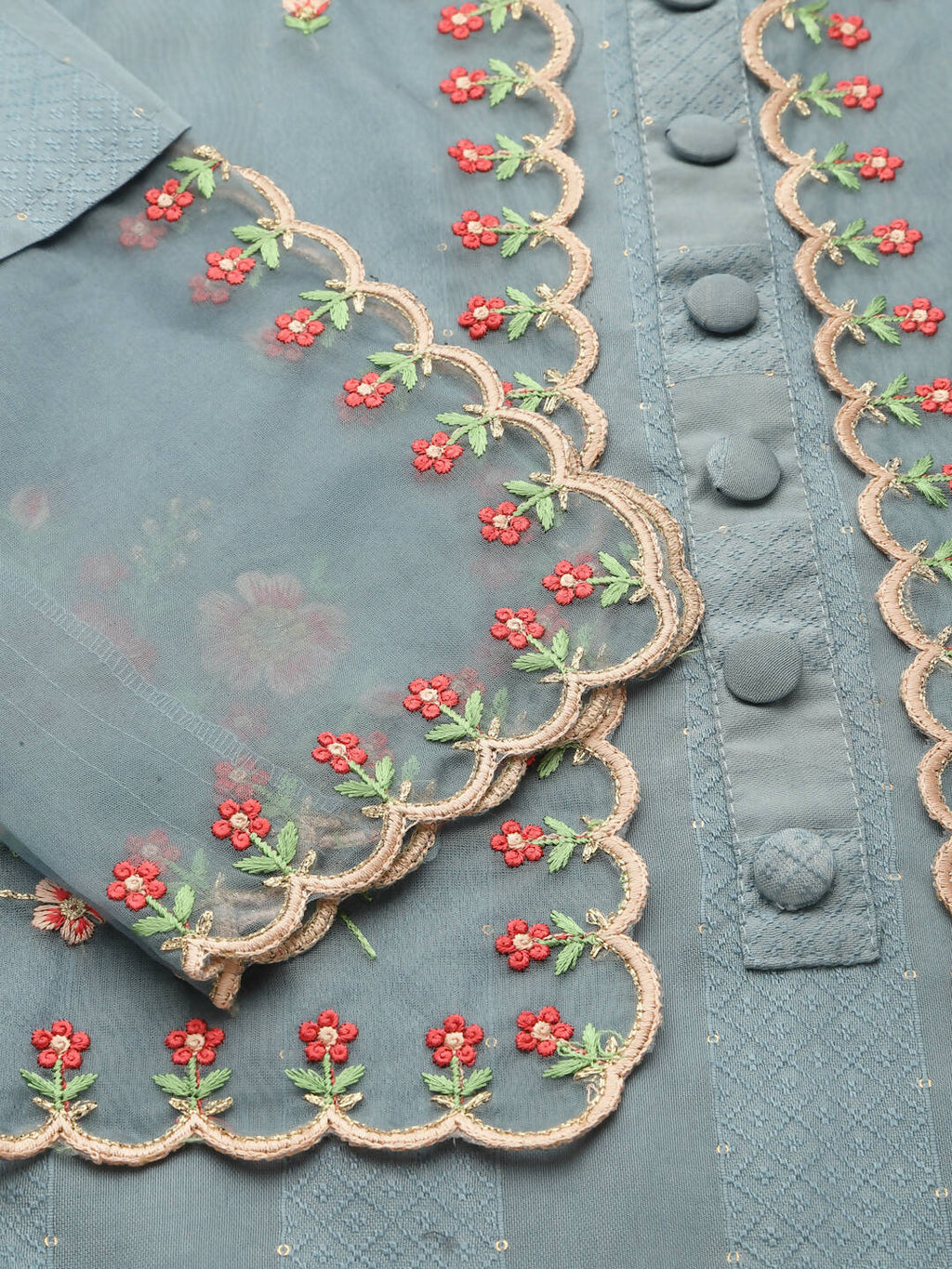 Sky Blue Embroidered Chinon Straight Kurta With Trouser & Dupatta - Salimar