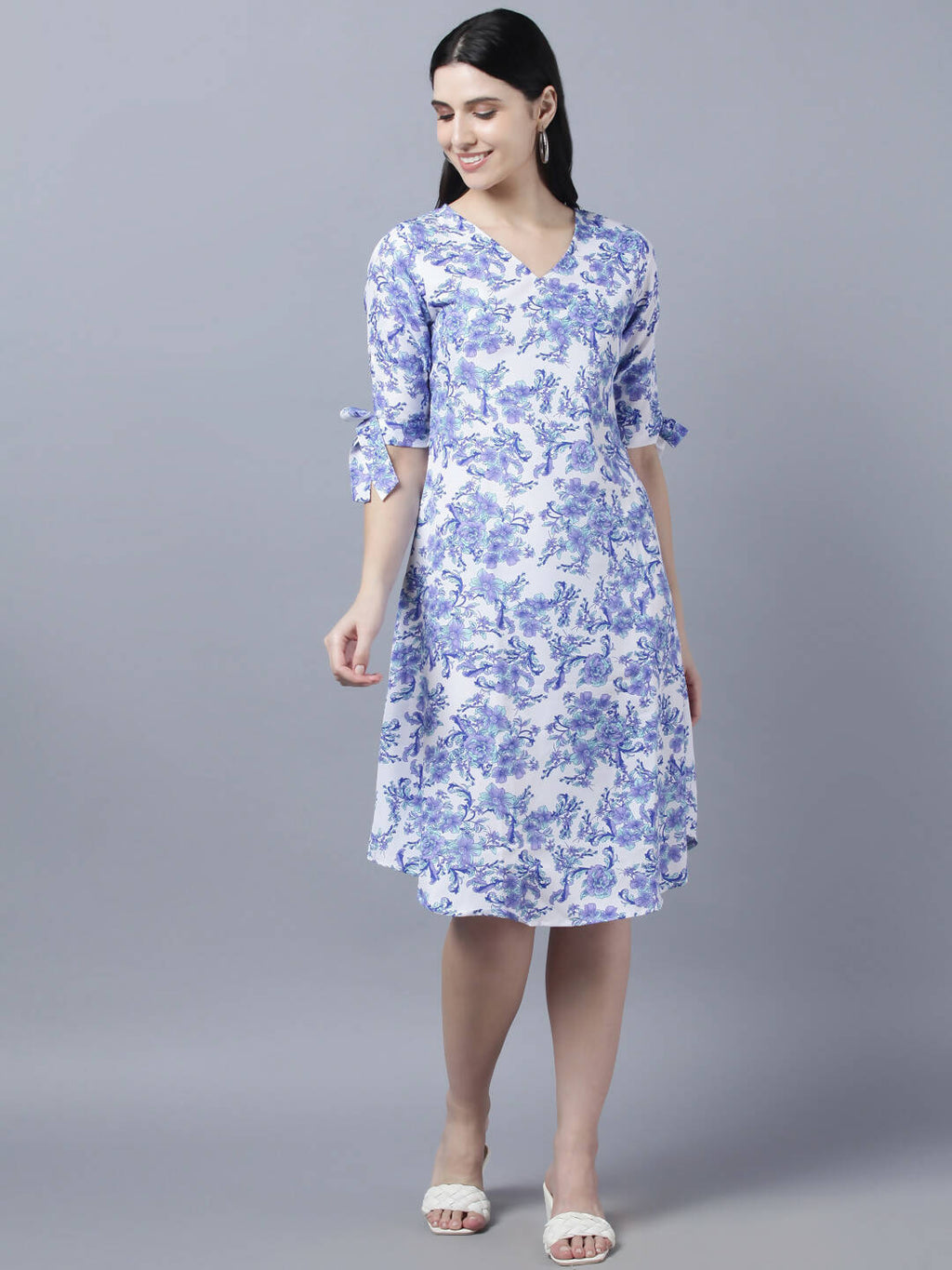 Myshka Women White Blue Printed A-Line Dress