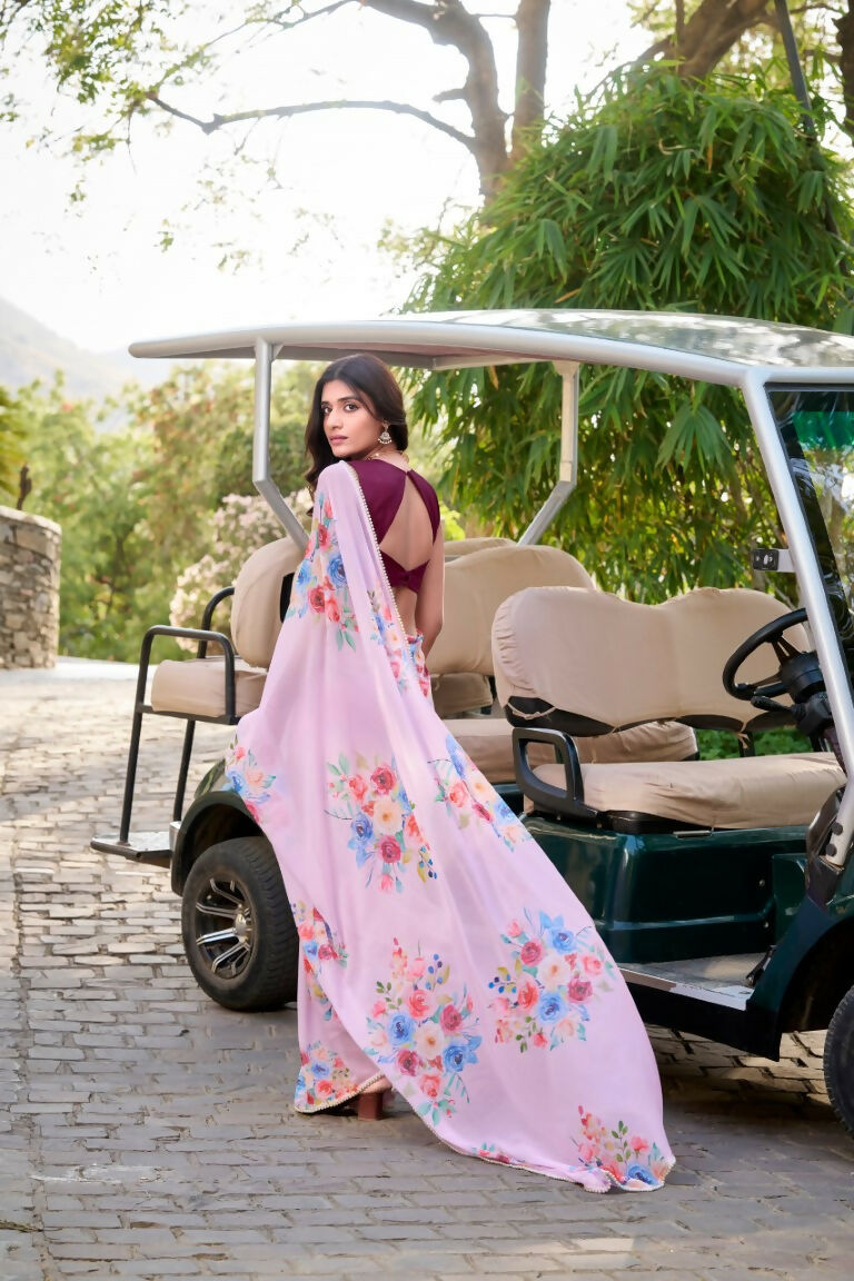 Vastranavya Baby Pink Weightless Marble Printed & Pearl Lace Border Saree with Unstitched Blouse