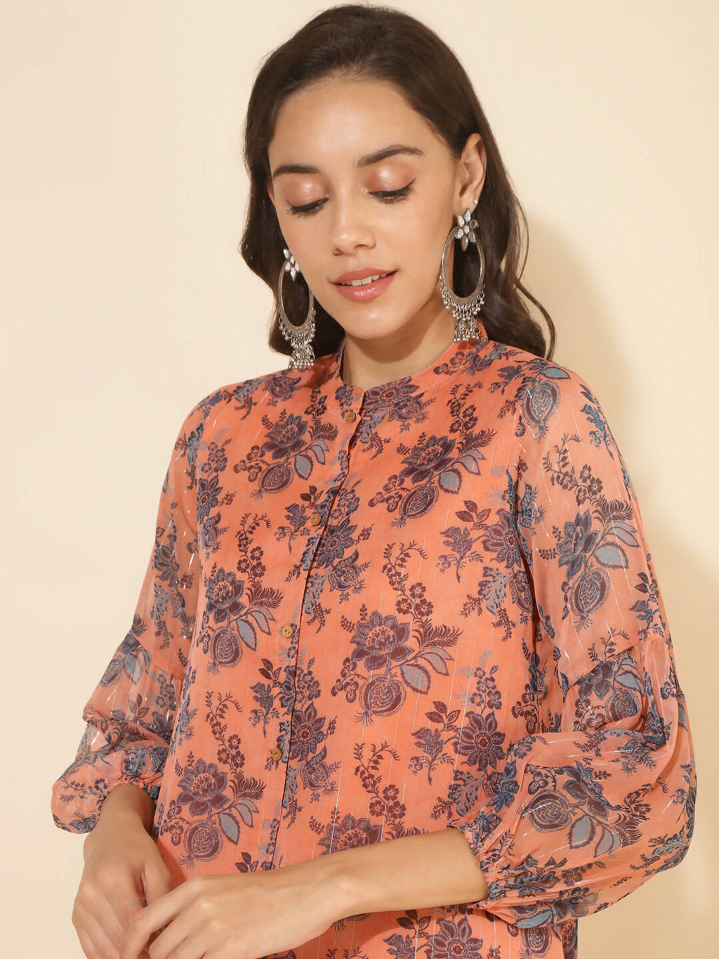 Janasya Women's Peach Chiffon Lurex Floral Printed Festive Regular Co-ords