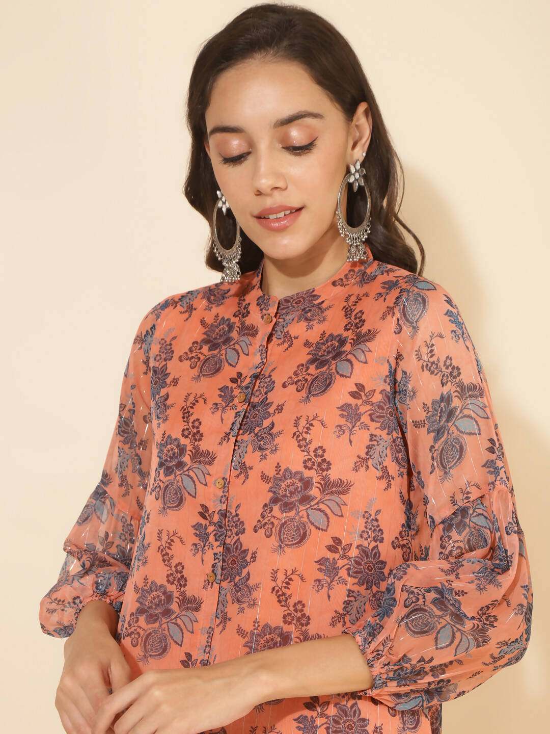Janasya Women's Peach Chiffon Lurex Floral Printed Festive Regular Co-ords