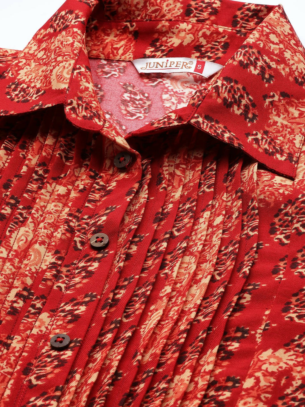 Juniper Red Ethnic Motif Printed Rayon A-Line Kurta with Buttons