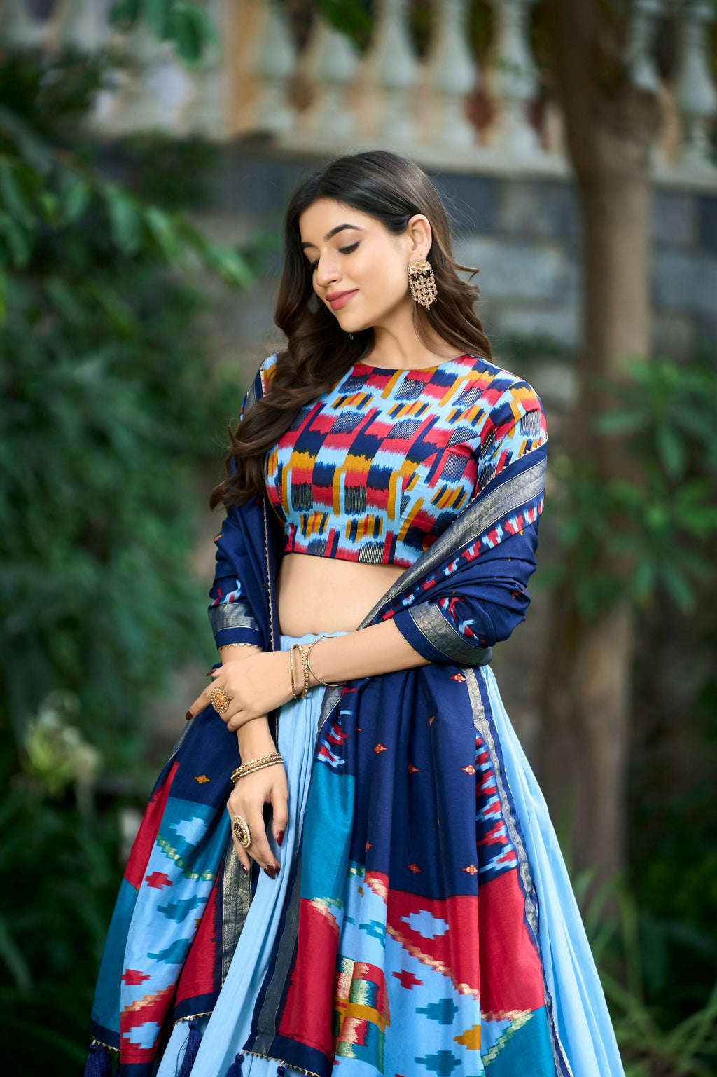 Vastranavya Printed and Foil Work Tussar Silk Lehenga with Unstitched Blouse - Sky Blue