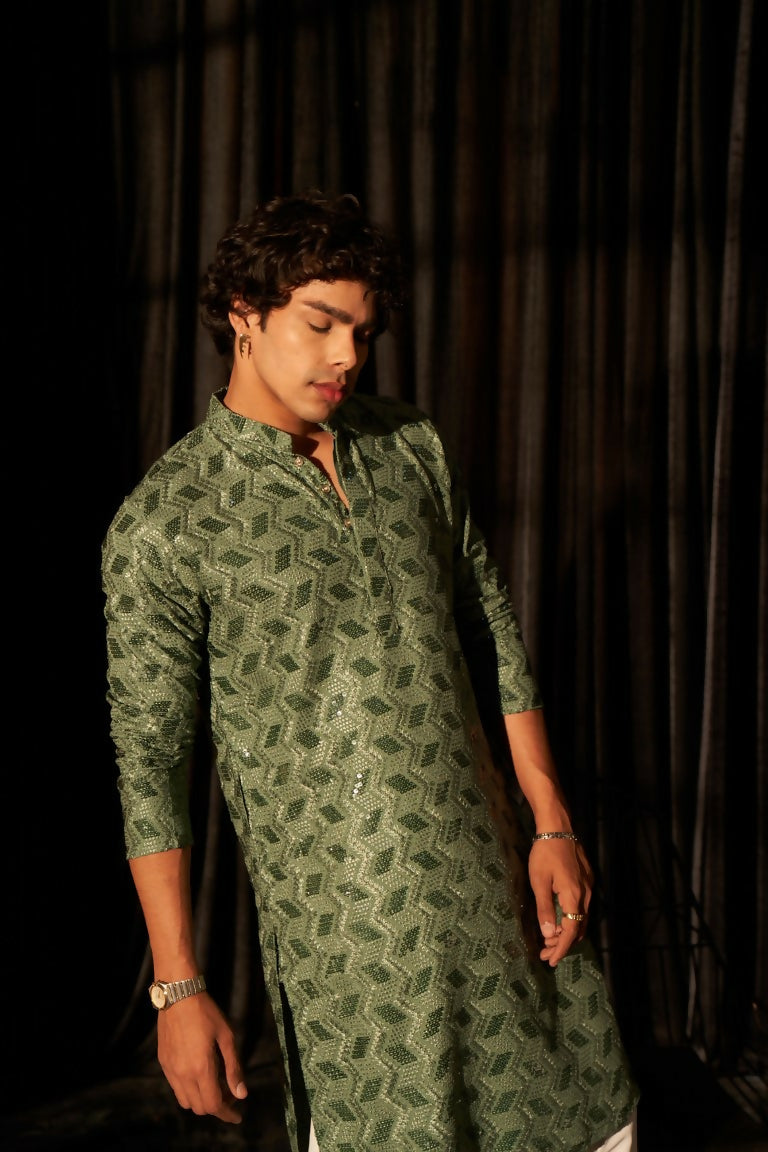 Green viscose Chikankari Embroidery Work Men's Traditional Kurta Set - Mahotsav