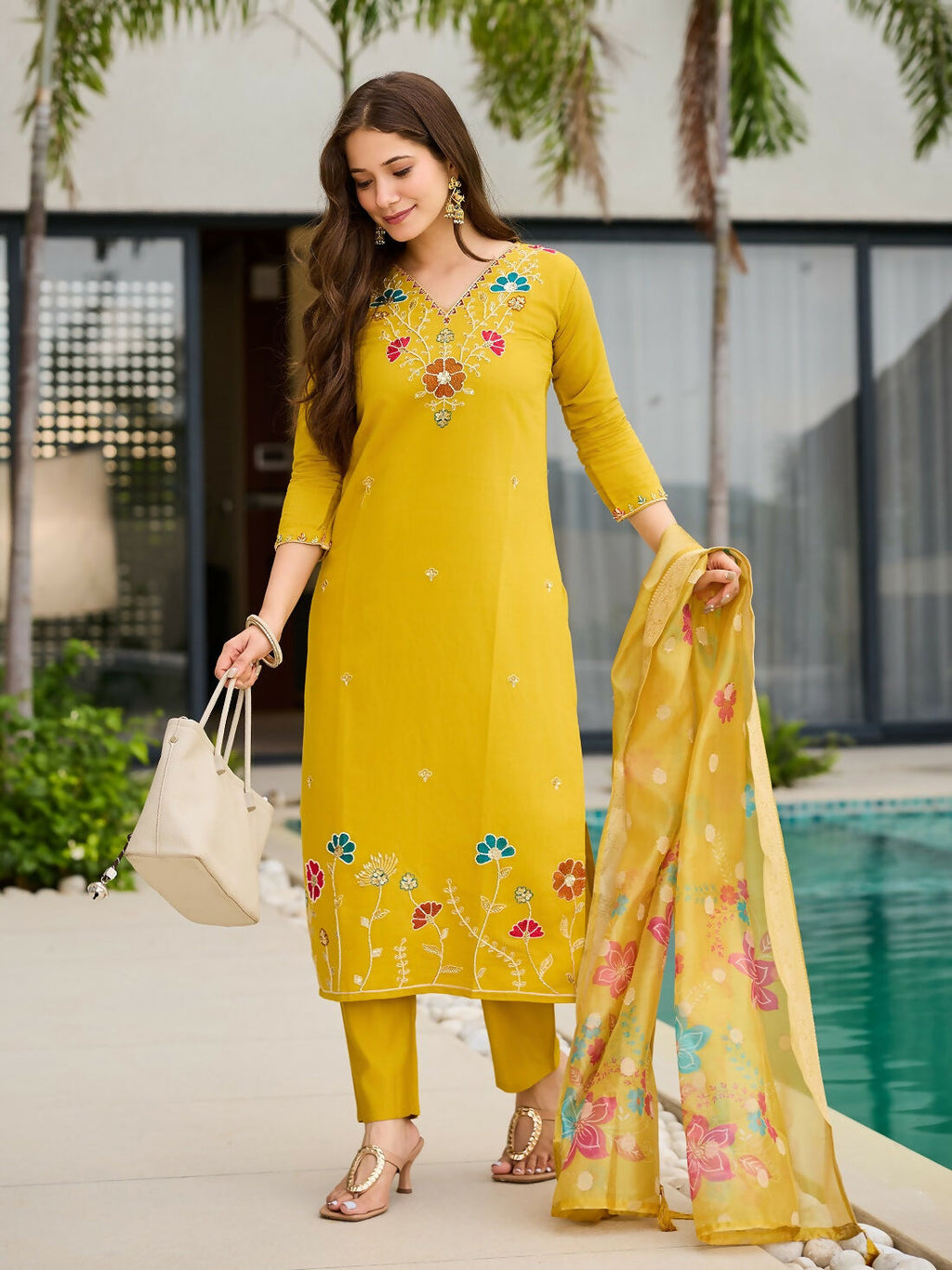 The52 Yellow Women's Gorgeous Embroidered work Viscose Gadhwal Fabric Straight Kurta, Pant and Dupatta Set