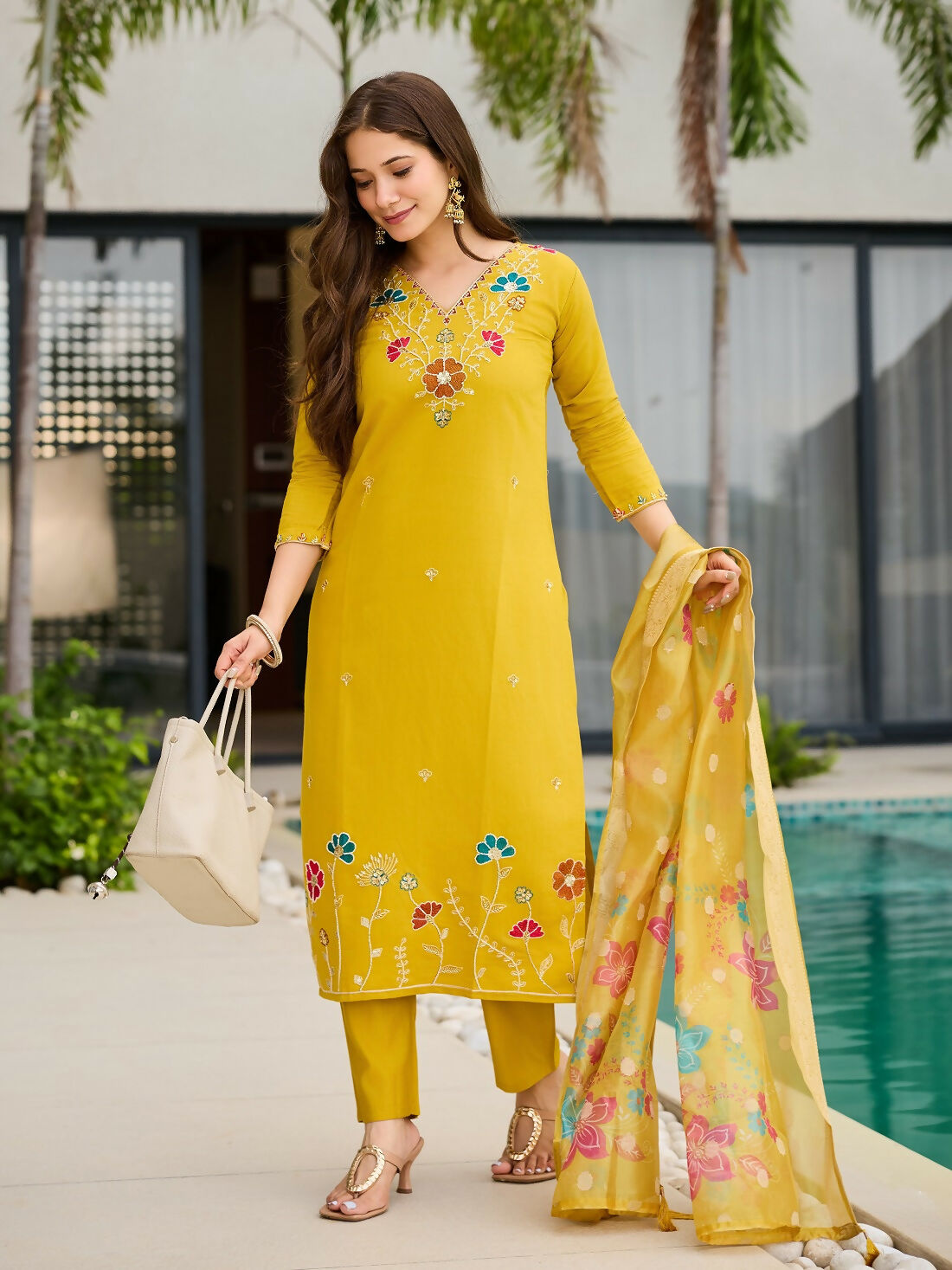 The52 Yellow Women's Gorgeous Embroidered work Viscose Gadhwal Fabric Straight Kurta, Pant and Dupatta Set
