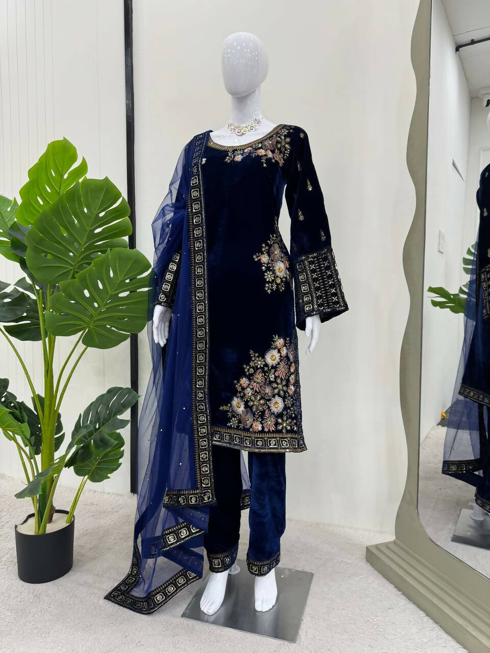 Vastranavya Navy Blue Viscose Velvet Sequence Embroidery Work Kurta & Bottom With Dupatta