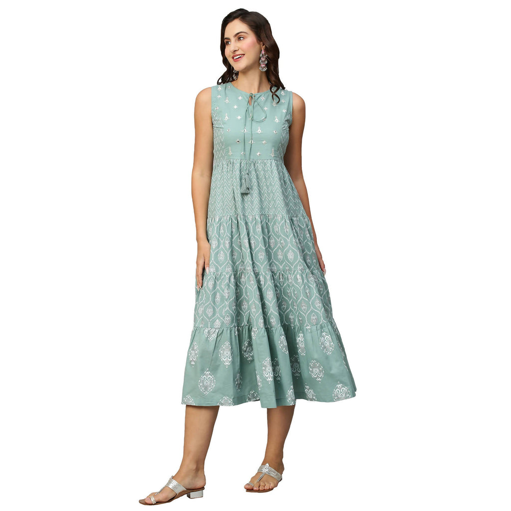 Sea Green & White Ethnic Motifs Embroidered Pure Cotton Maxi A-Line Dress - Poonam