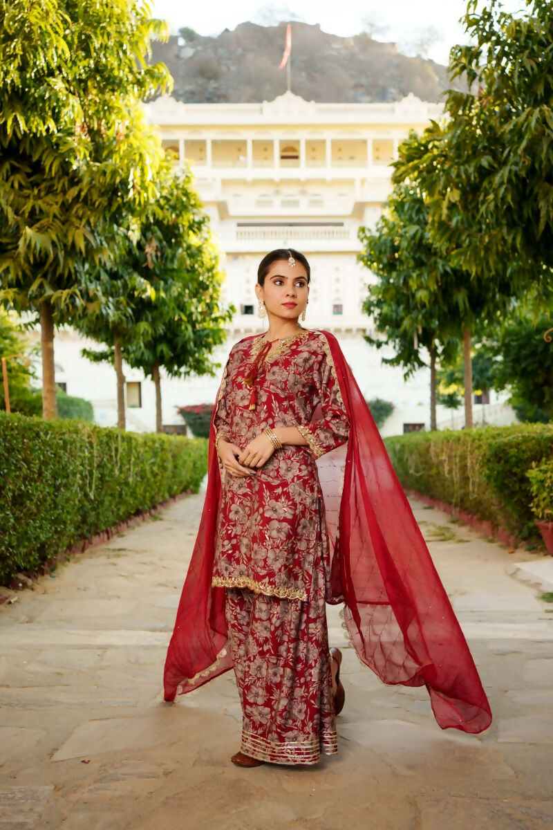 Vaasva Women Maroon Muslin Floral & Embroidered Cut Work Kurta ,Sharara & Dupatta set