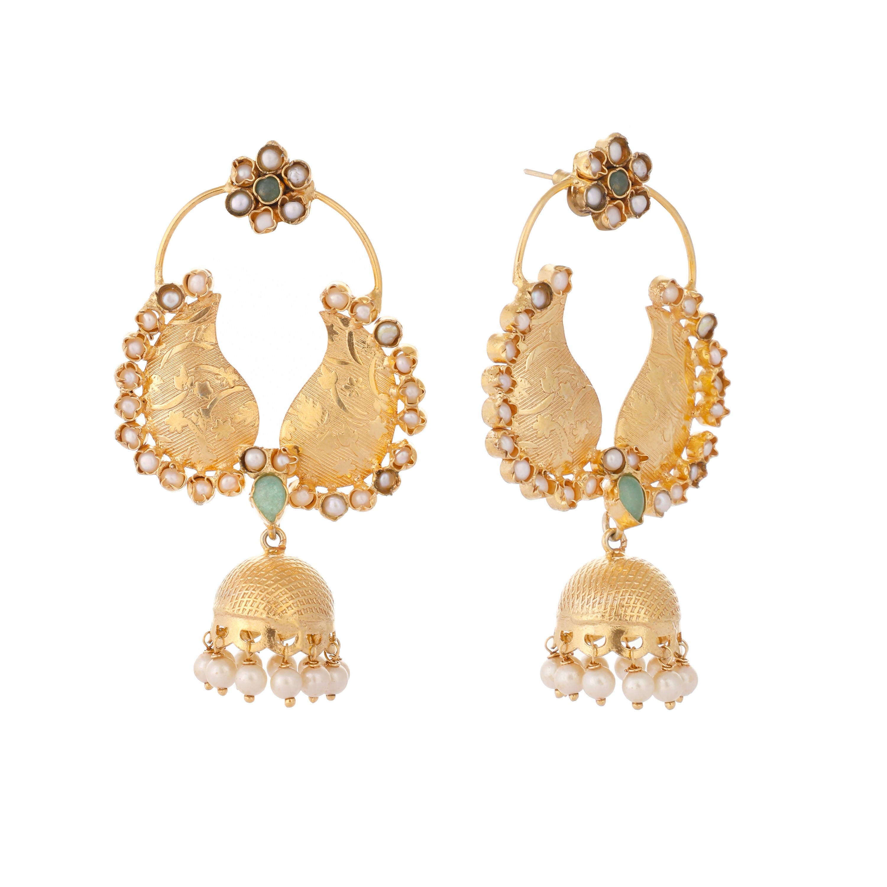 Nuyug 22K Gold Plated Pearls Studded Contemporary Shaped Mini Jhumki Drop Dangler Earrings
