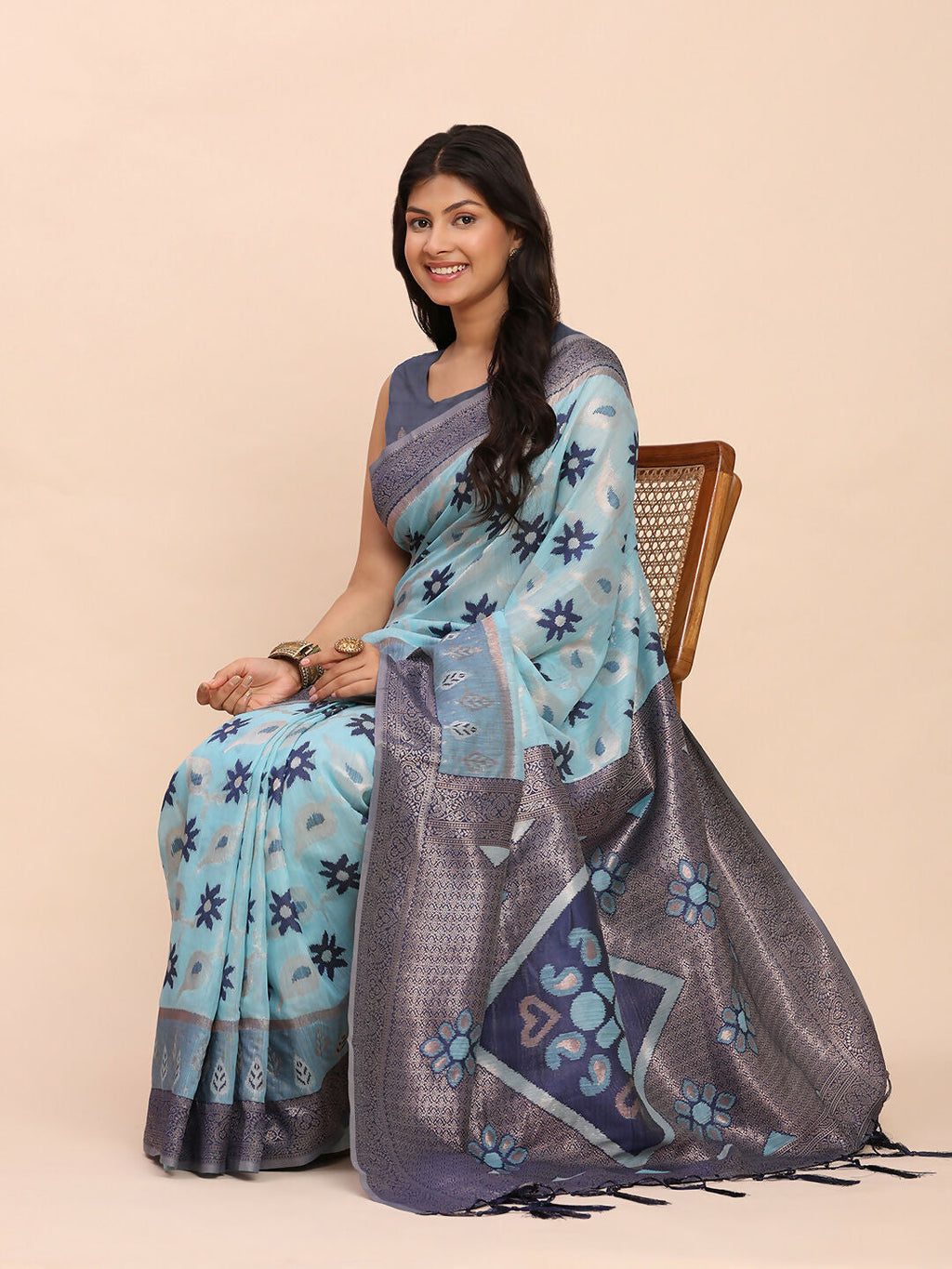 Shree Shyam Fashion Linen Cotton Sky Blue Saree