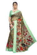 Vamika Birds Design Green Linen Digital Print with Satin Border Floral Saree