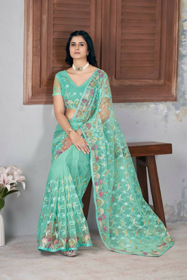 Vastranavya Soft Crush Georgette With Embroidery and Foil Multi Thread Work Saree - Turquoise