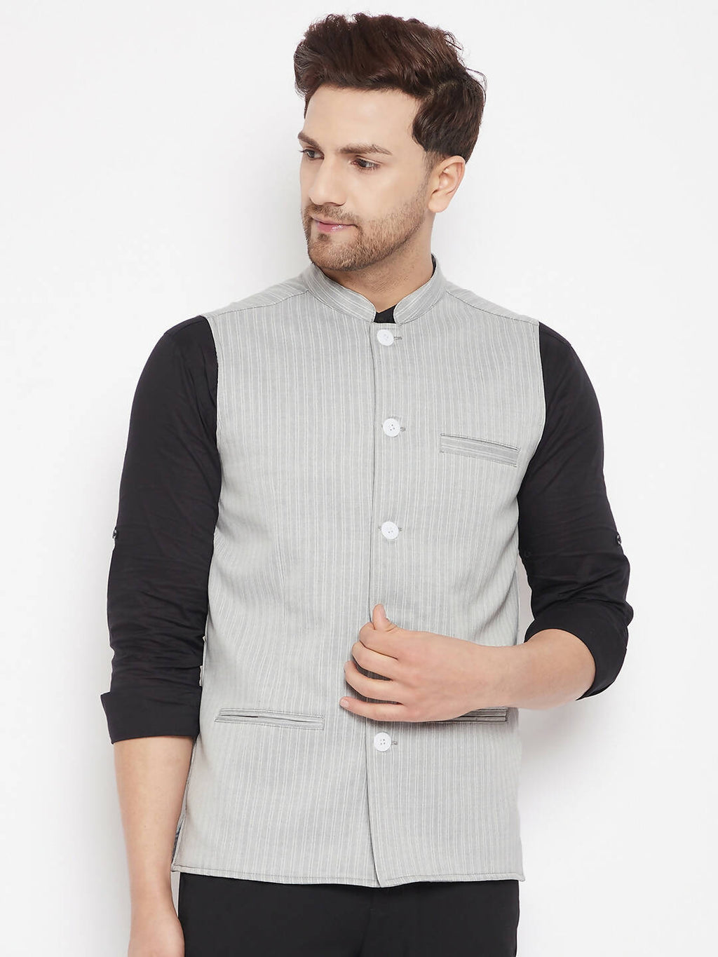 Even Apparels Grey Merino Men Woven Nehru Jacket BF681