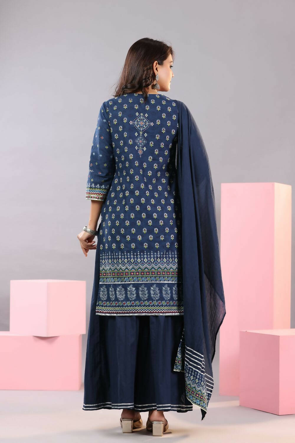 Juniper Women Indigo Cotton Cambric Printed Kurta, Palazzo and Dupatta Set