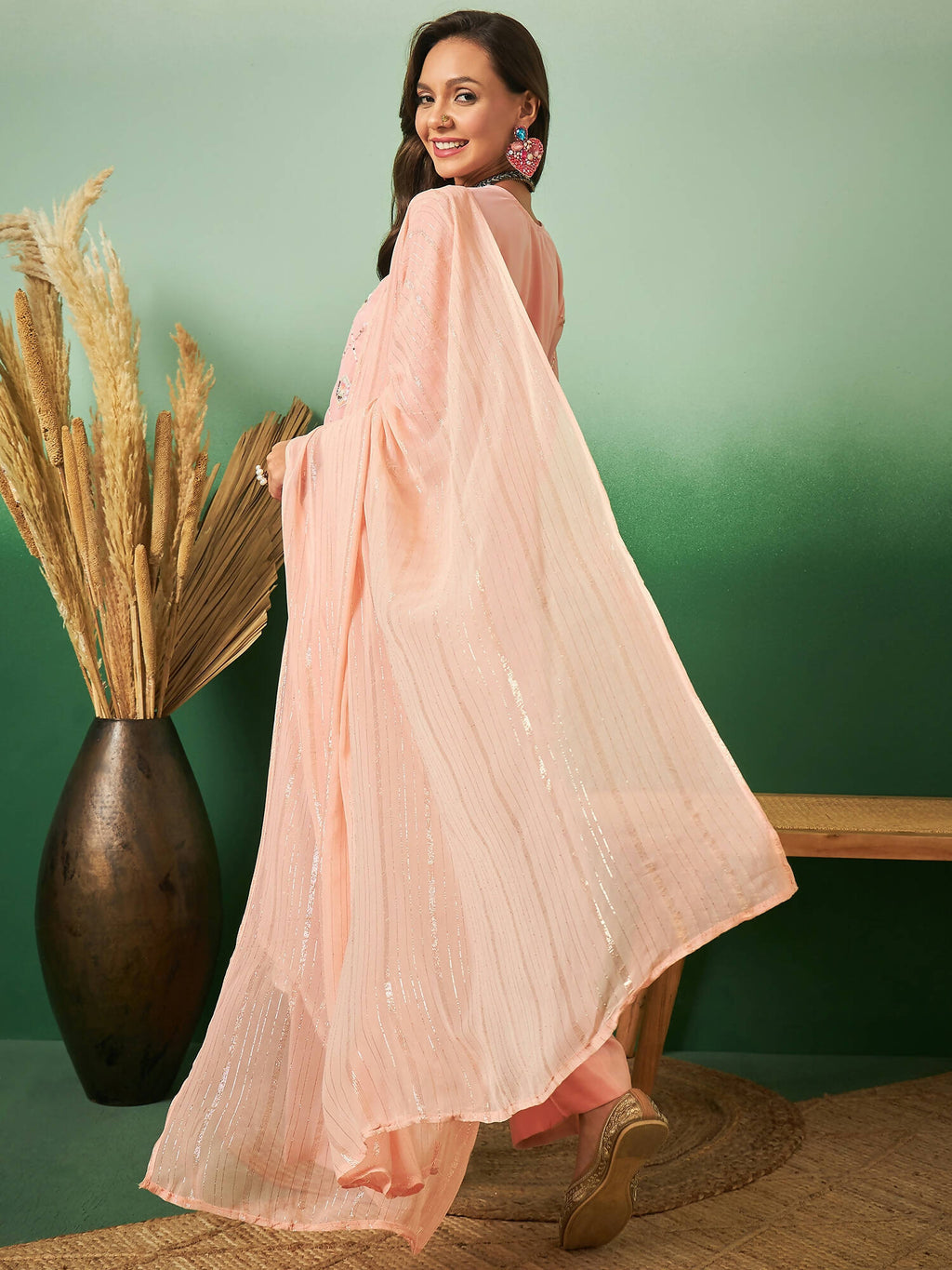 Peach Georgette Handwork Unstitched Dress Material - Hanika