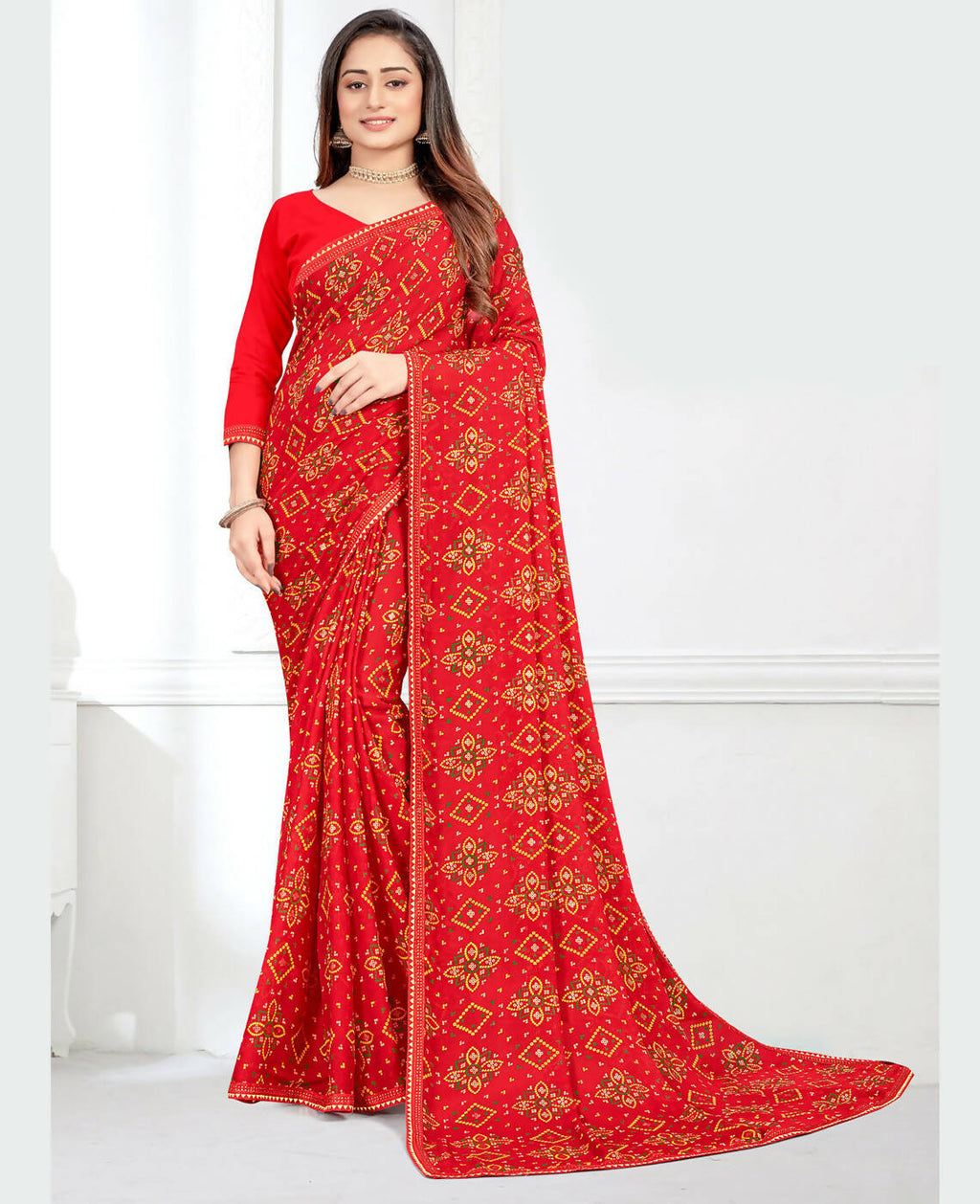Red Georgette Bandhani Printed Saree With Unstitched Blouse Piece - Jyoti