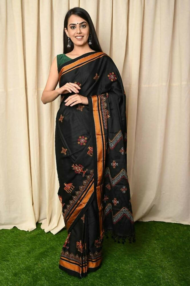 Very Much Indian Khun Saree Cotton Resham Handwoven Chrome Yellow & Black
