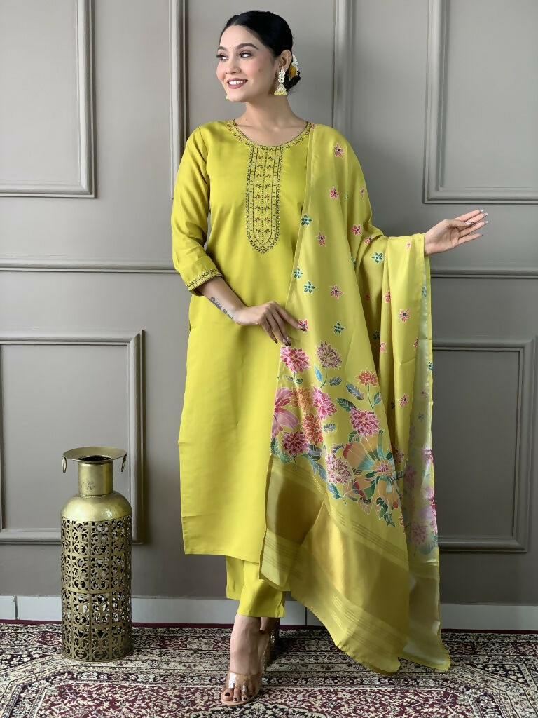 Lemon Viscose chanderi Stitched Suit With Dupatta - Tanisha