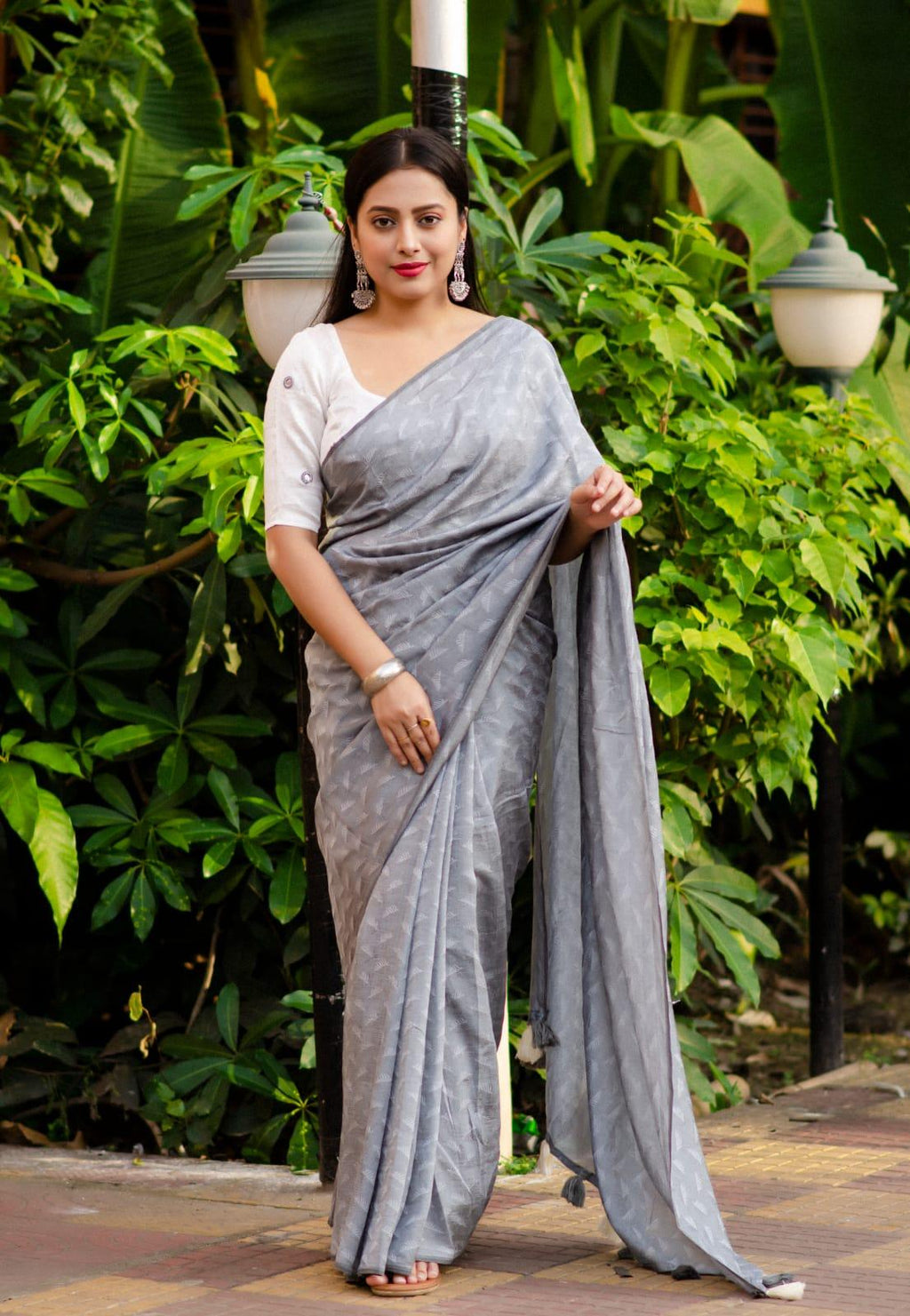 Grey Poly Georgette Woven Design Saree with Unstitched Blouse - Hiral Fashion