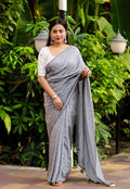 Grey Poly Georgette Woven Design Saree with Unstitched Blouse - Hiral Fashion