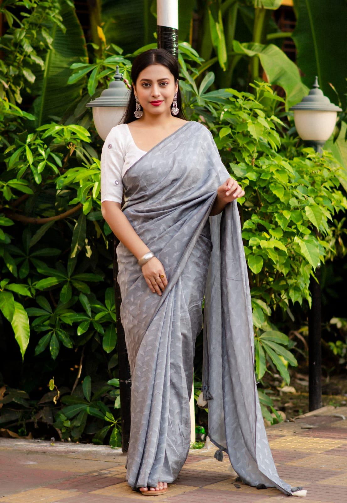 Grey Poly Georgette Woven Design Saree with Unstitched Blouse - Hiral Fashion