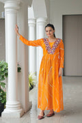 Vastranavya Orange Navratri Special Kutchi Patch Work with Leheriya Printed Kurti