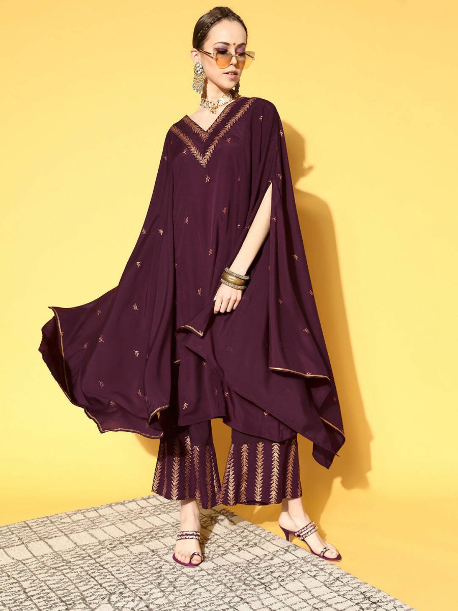 Ahalyaa Women Wine Colour Crepe Gold Glitter Print Kurta Palazzo Set