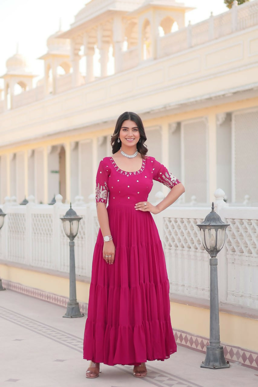 Vastranavya Premium Designer Faux Blooming with Embroidery Zari Sequins work Gown - Pink