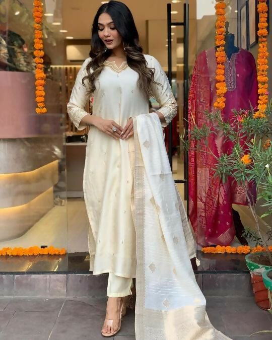 The52 White Beautiful Embroidered Viscose Chanderi Fabric Straight Kurta Pant with Dupatta Set