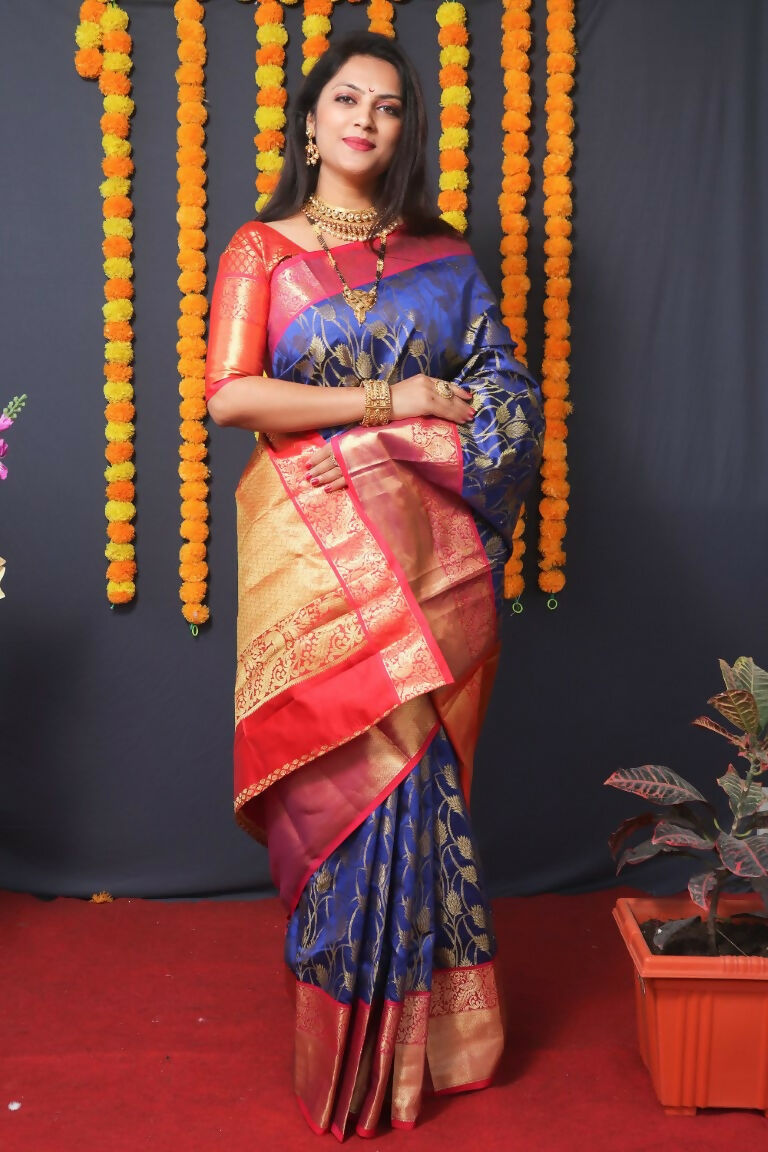 Jyoti Fashion Women's Blue Kanjivaram Silk Zari Woven Saree with Blouse