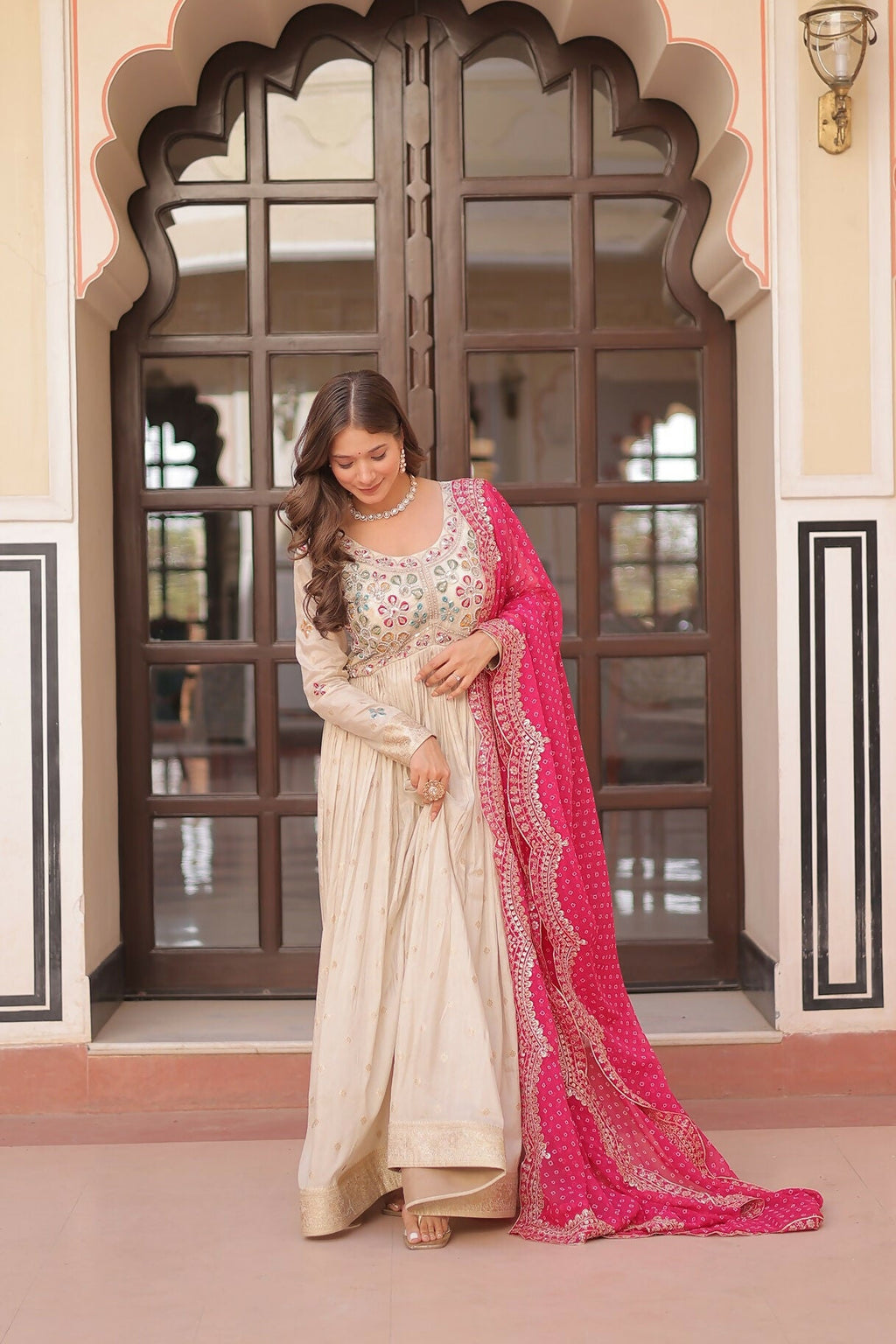 Joban Fashion Pink Jacquard Sequence Embroidery Work Kurta Set