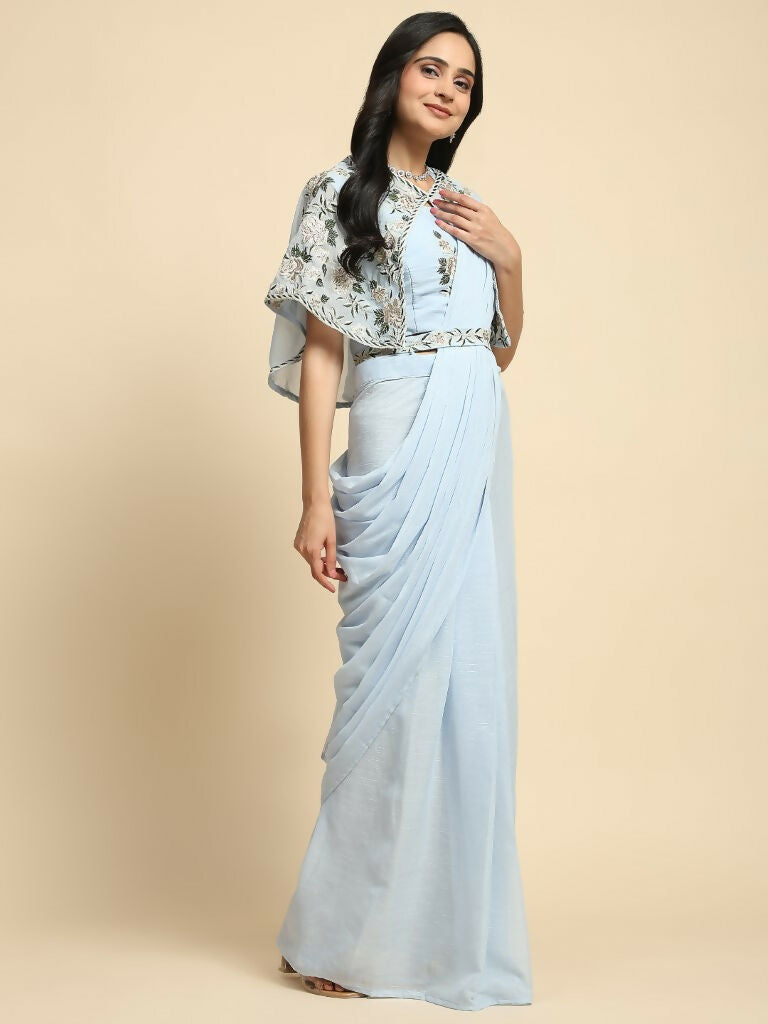 Blue Chiffon Solid Ready to wear Saree with stitched Blouse - Aayan