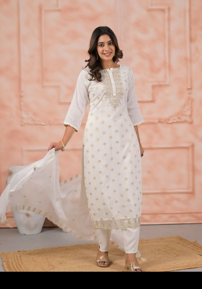 Ethnic Festive Wear Viscose White Stitched Suit With Dupatta - Anbazaar