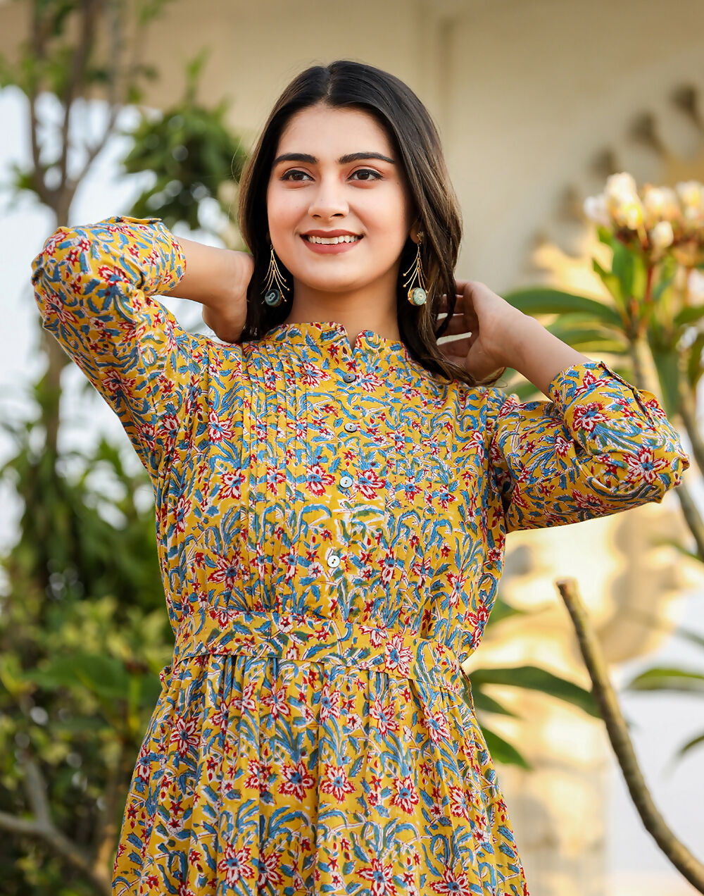 Kaajh Women's Yellow Floral Handblock Print Cotton Dress