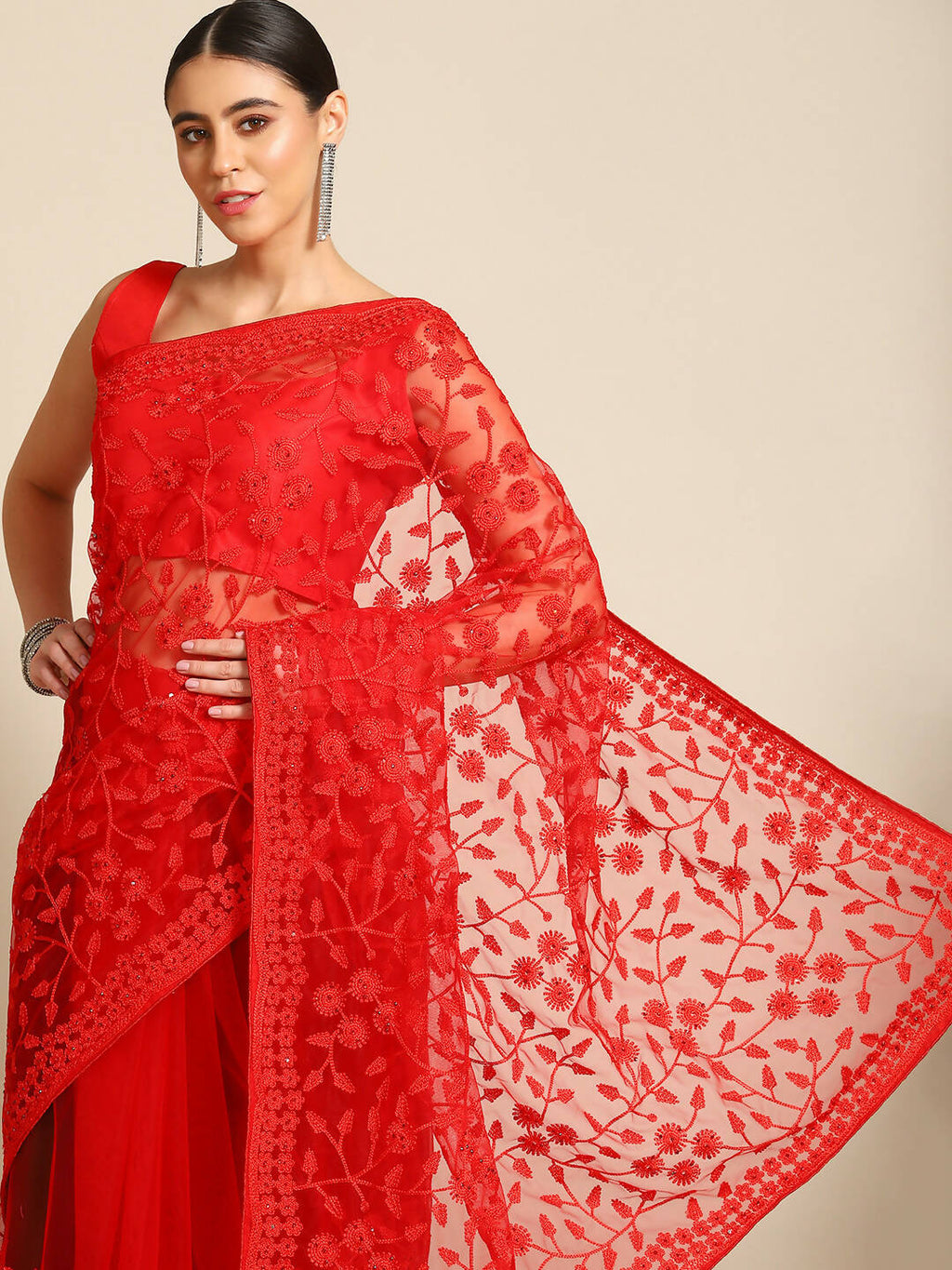 Red Woven Design Net Saree with Blouse Piece - Kalamkari