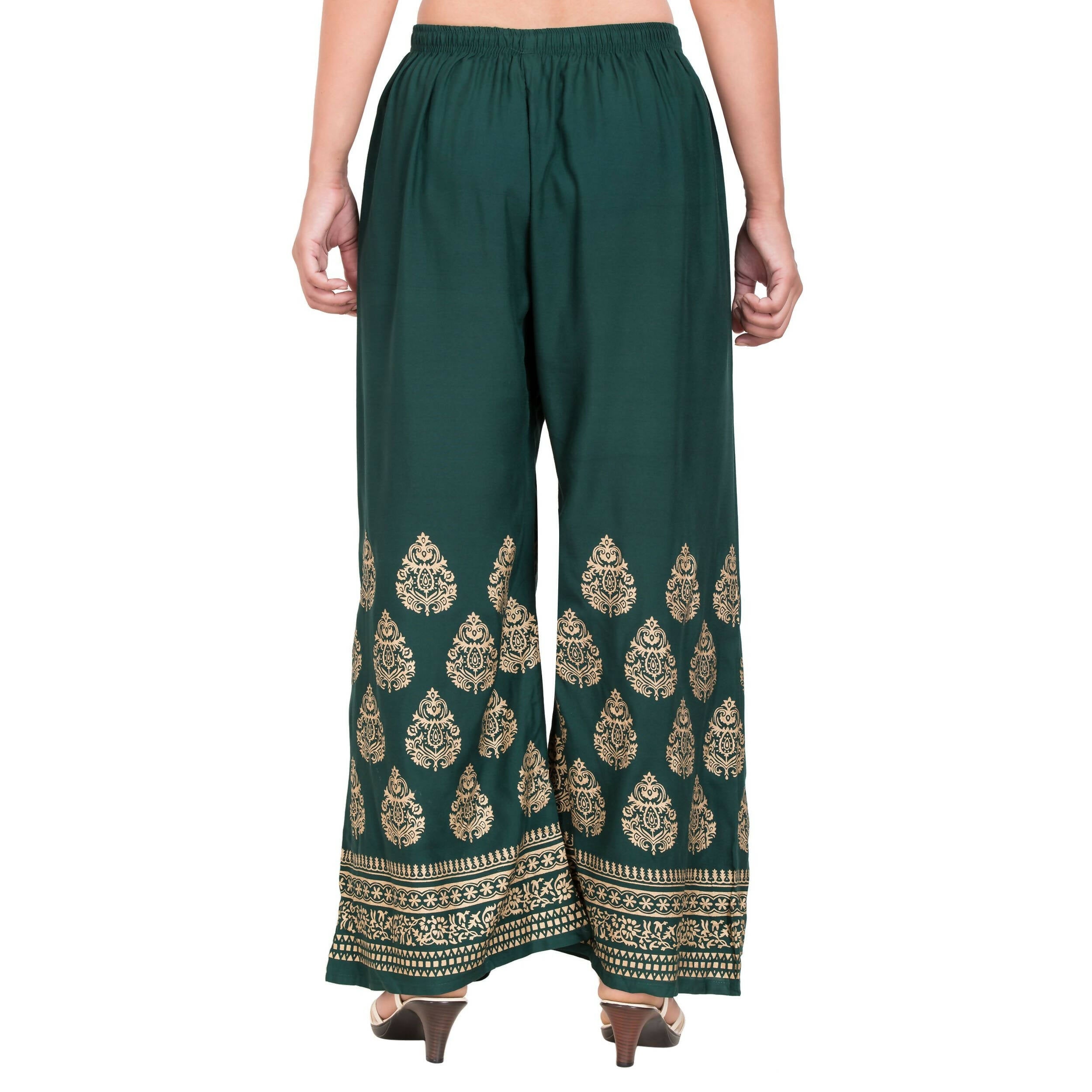 PAVONINE Bottle Green Color Golden Printed Rayon Fabric Sharara For Women & Girls