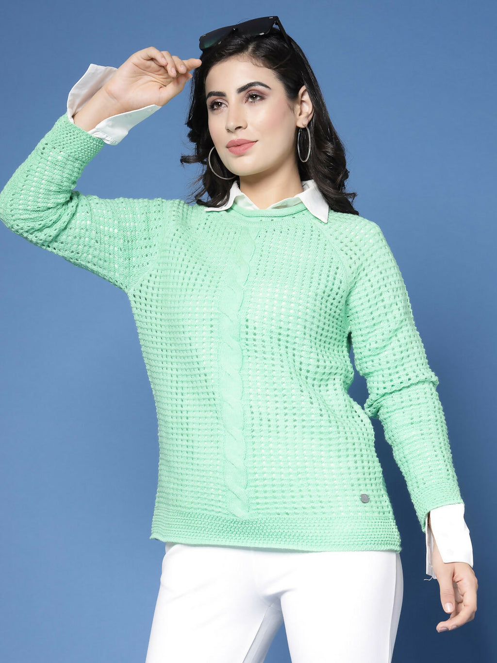 Women Green Acrylic Pointele Sweater - Wool Trees