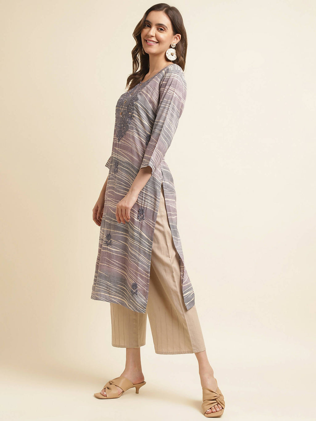 Grey Poly Rayon Stripe Printed Straight Fit Kurta - Prasuti