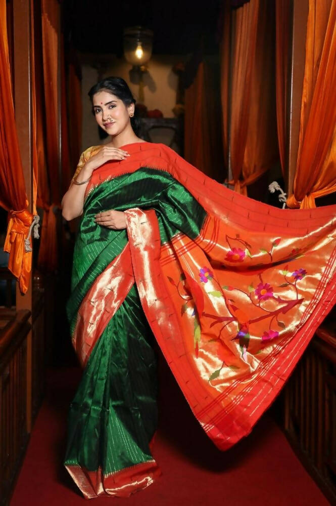 Very Much Indian Triple Muniya Border Paithani- Authentic Handloom Pure Silk With Parrots Pallu - Zari Stripes